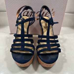 Candie’s navy Calunar platform wedge t-strap strappy sandal